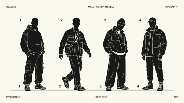 Four male silhouettes standing in a row showcasing different fashion styles and poses.