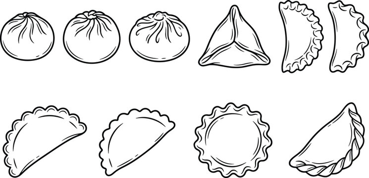 Cartoon dumpling icons with pleated, triangular, and crescent shapes representing food and culinary symbol vector illustration