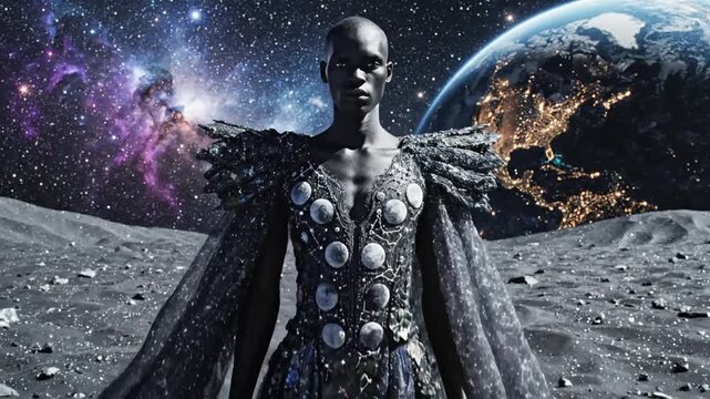 Regal woman on moon with Earth