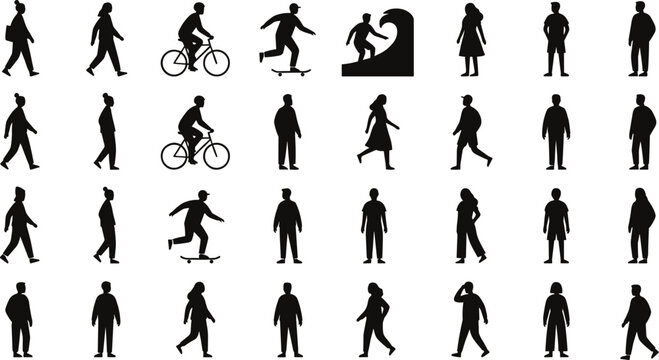 Cartoon human activity silhouette icons with walking, cycling, skateboarding, surfing representing motion and lifestyle symbol vector illustration