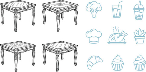 Cartoon ornate table and food icon set representing furniture and culinary lifestyle symbol vector illustration © Creative Stoker