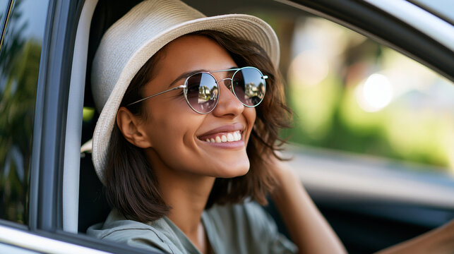 Close-up of a woman driving with a joyful smile out a car window in a garden, positive driving concept, woman and car window photography, travel happiness lifestyle, defocused