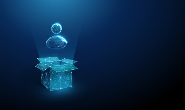 3d avatar icon above open box AI assistant deployment, virtual agent delivery, digital profile creation, chatbot platform setup, user onboarding, account activation concept