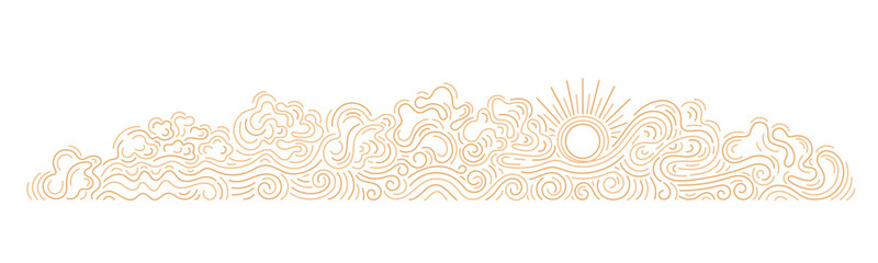 Line art with gold wave pattern and cloud texture an elegant oriental banner for traditional asian design composition and decorative backdrop. Golden sun on transparent sky. Eduitable vector stroke © Yauheniya_Bandaruk
