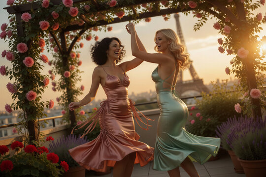 Zwei Frauen in langen Kleidern tanzen und lachen auf einer blumengeschm&uuml;ckten Terrasse bei Sonnenuntergang