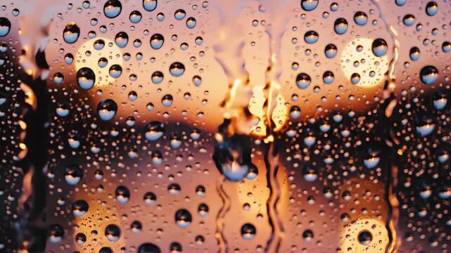 Raindrops trickling down window glass with warm bokeh city lights