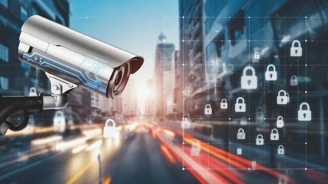 Modern Security Surveillance Camera With Digital Cyber Protection Interface in City Background