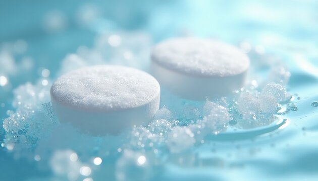 Two white effervescent tablets dissolve in clear blue water creating many small bubbles. They create a fizzy action while dissolving for hydration or medicine.
