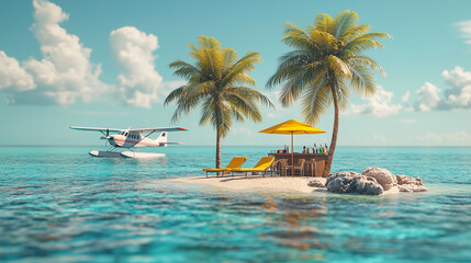 Obraz premium Seaplane lands near tropical bar on a secluded beach at sunset