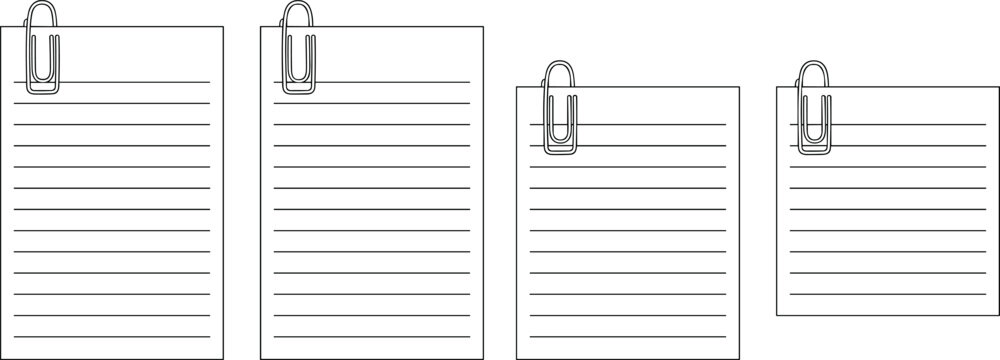 Paper documents vector illustration showing lined sheets with paperclips symbolizing office organization, notes, and paperwork management