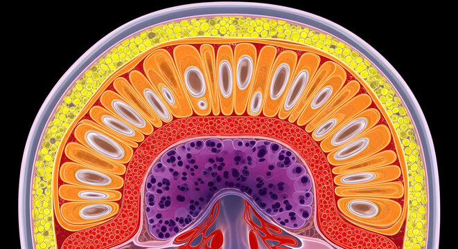 Cross-section medical illustration of intestine villi and crypts showing cellular detail.