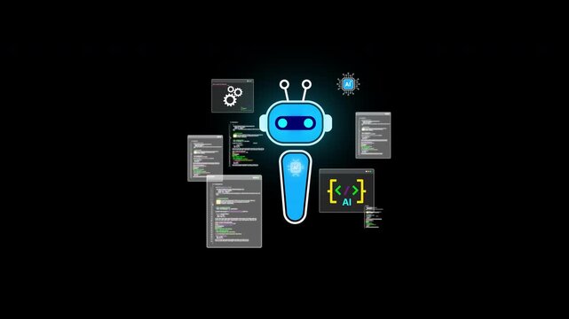 Artificial Intelligence and software development concept representing AI assistant for coding and automated program engineering with digital robot icon and data script
