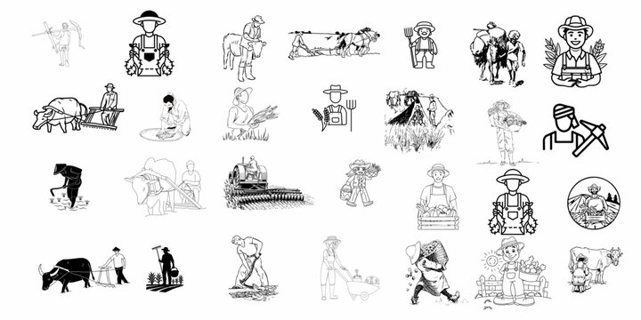 Farmer and Agriculture Character Icon Set &ndash; Hand Drawn Traditional Farming Sketches, Plodding Oxen, Rice Cultivation, and Modern Organic Gardening Logos
