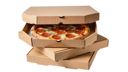 Pepperoni pizza in open cardboard delivery box stacked on others