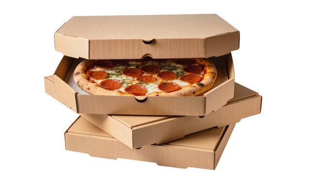 Pepperoni pizza in open cardboard delivery box stacked on others