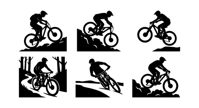 Mountain Biking Silhouettes, Extreme Sports Cyclist Action, Outdoor Adventure Vector Set