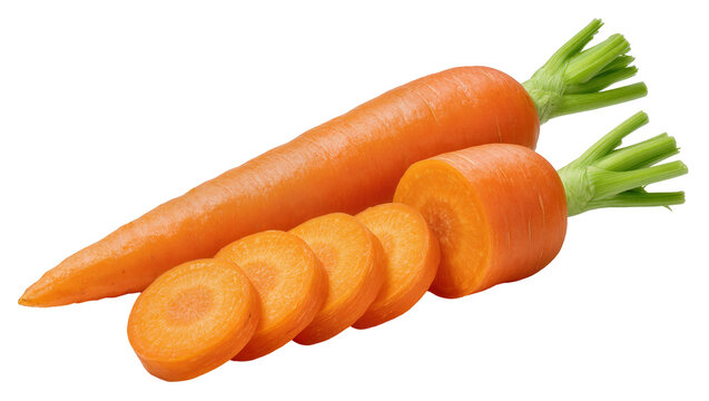 Whole and sliced fresh orange carrots with green tops