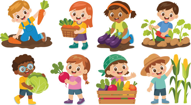 Cartoon children gardening icons with vegetables, basket, crate, and corn representing farming and healthy food vector illustration