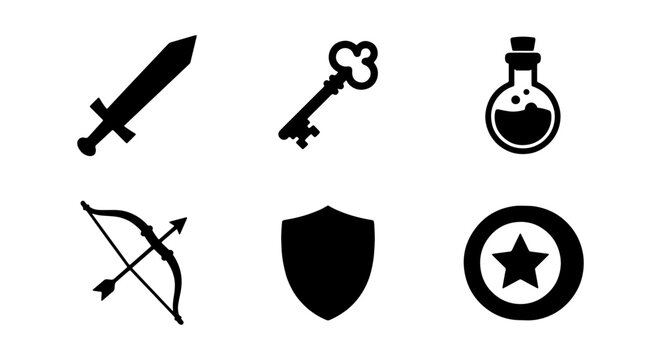 Fantasy Game Icons: Sword, Shield, Bow, Key, Potion, Star Emblem Vector Set