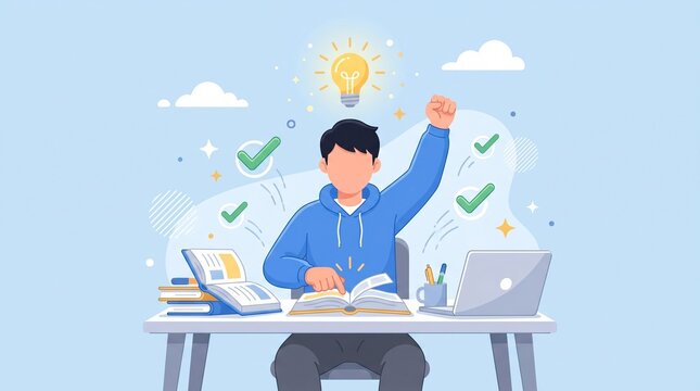 Young student achieving academic success with an innovative idea, demonstrating triumph and self-development through dedicated study and problem-solving, celebrating a breakthrough in education