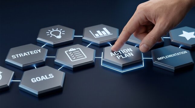 Hand placing action plan tile into business strategy planning network showing goal setting strategy goals and implementation on dark blue background