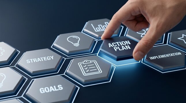 Business planning and leadership decision concept with hand placing hexagon tile into strategic planning network with goals strategy and implementation on blue background