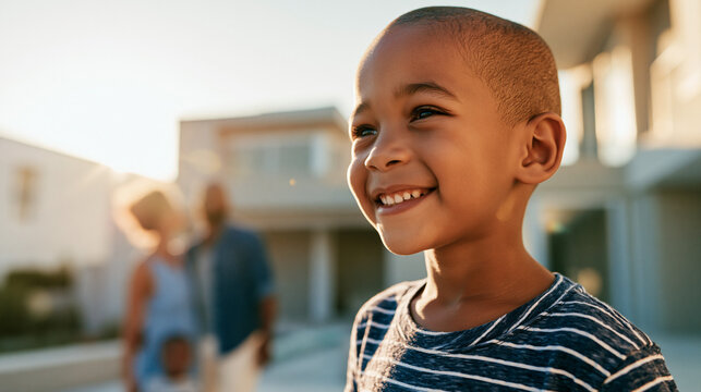 Retrato em primeiro plano de um menino feliz ao ar livre com fam&iacute;lia e casa nova desfocada ao fundo, conceito de comprador de im&oacute;veis, financiamento imobili&aacute;rio e mercado imobili&aacute;rio.