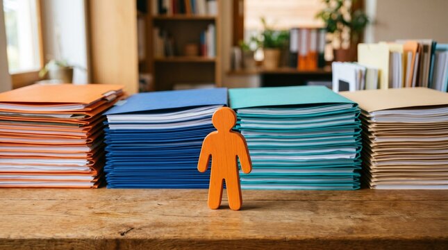 Single orange wooden human figure standing in front of large stacks of colorful folders on office desk representing individual employee performance and workload management concepts.