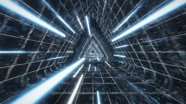Futuristic Triangular Tunnel with Glowing Neon Lights and Grid Pattern Abstract Background.
