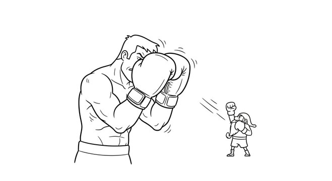 Tiny boxer fighting giant opponent, David vs Goliath concept, boxing match, underdog win