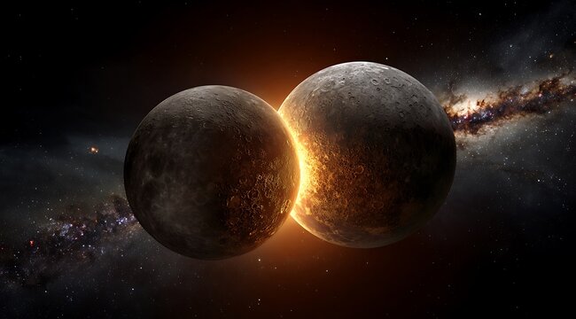 Two planets colliding in deep space with a bright orange glow and nebula background.