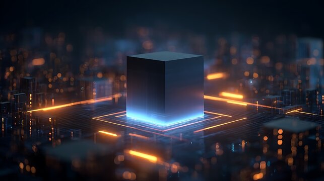 Abstract digital cube surrounded by circuits, glowing lights, and a technological background