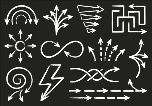Hand drawn chalk and charcoal arrows. Rough sketchy direction symbols with grunge pastel pencil texture. White doodle arrows and scribble pointer elements on black chalkboard background