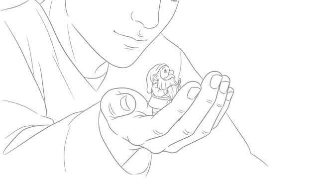 Tiny Gnome Held Gently in Open Hands, Whimsical Fantasy Creature, Gentle Care