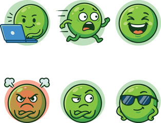 Obraz premium Green pea cartoon character mascot set. Vegetable emoji icons with different emotions. Flat vector illustration of healthy food mascots. Isolated green sphere characters showing happy, sad, angry