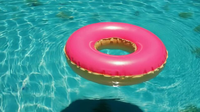 Pink Inflatable Donut Ring Floating in Clear Blue Swimming Pool Water