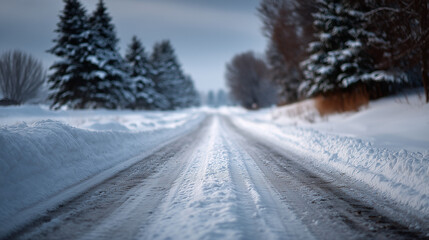 Obraz premium Snowy road with tire ruts documentary-style winter scene