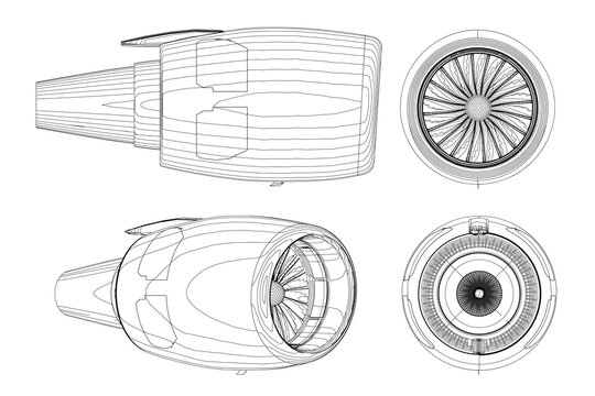 Detailed blueprint of a jet engine on a white background with visible pistons and valves. The aircraft contour is clearly defined in this technical drawing.