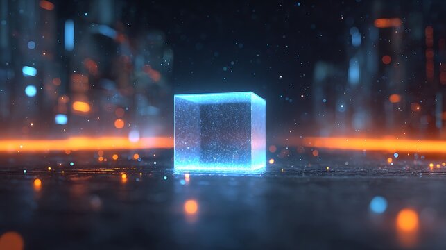 Glowing blue cube levitates amidst digital orange & blue light particles on dark background