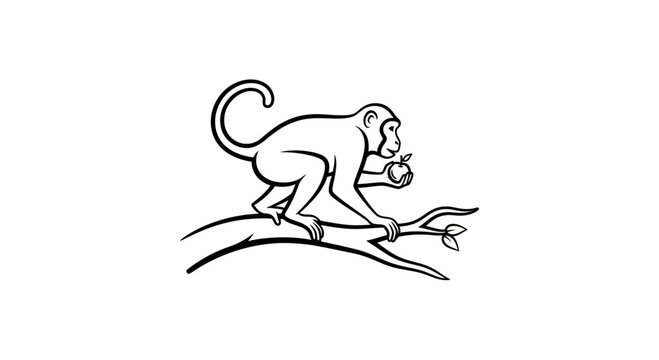 Chimpanzee Sitting On A Tree Branch Eating An Apple, Black And White Illustration