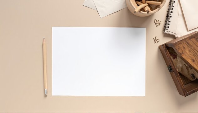 blank sheet of paper on wooden desk with pencil, scattered office supplies, and soft natural light illuminating the workspace