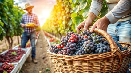 Farmers Harvesting Grapes in Vineyard at Sunset