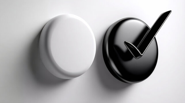 Glossy black check mark button on white circular switch minimalist interface element for ui background and icon banner design