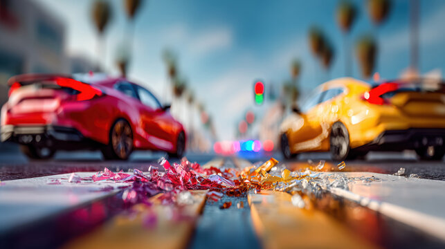 Side collision between two cars at an intersection with shattered glass and emergency lights for accident scene background and safety awareness