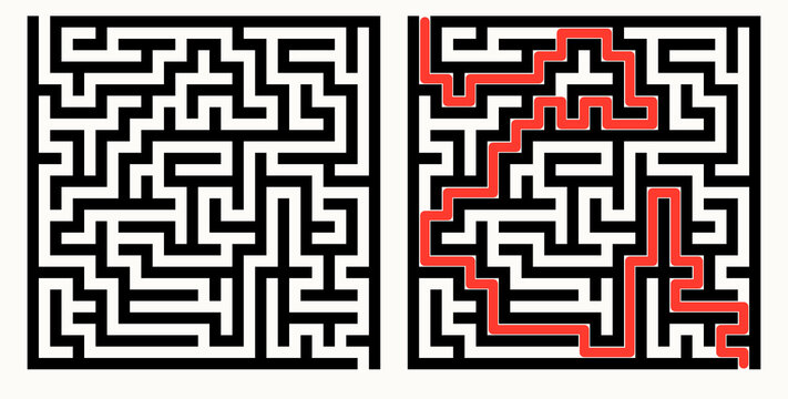 Labyrinth game grid, minimalist line-art style, black and red on white, puzzle solution visualization with solved path highlighted, educational brain teaser with copy space