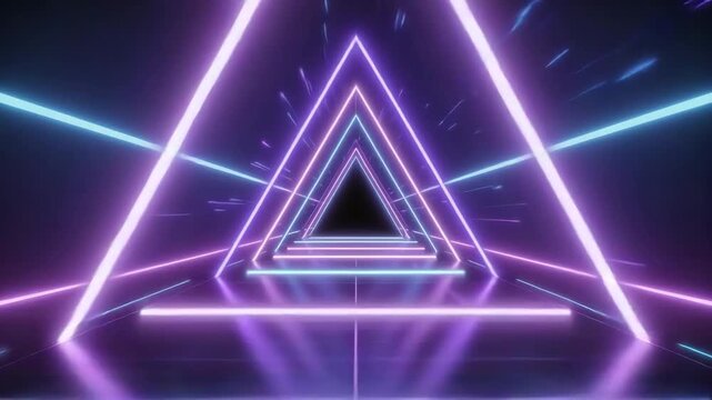 Endless VJ Loop Flight Through a Futuristic Sci-Fi Tunnel of Glowing Blue and Purple Neon Triangles with a Reflective Floor