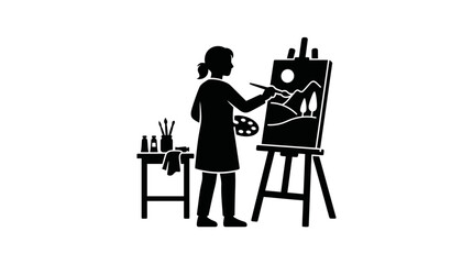 Fototapeta premium Artist stands before an easel painting a landscape scene with mountains and trees.