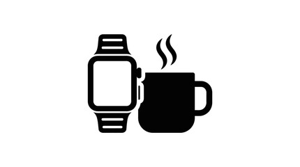 Smartwatch stands next to a steaming hot mug of coffee in this minimalist black graphic icon. © labubu