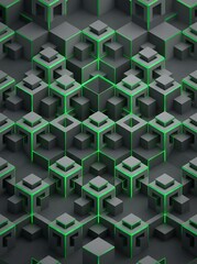 Fototapeta premium Abstract geometric 3D pattern with glowing green light lines and dark cubes.