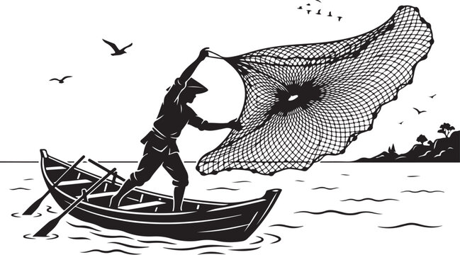 Fishing, boat, vector, illustration, fisherman, net, black and white, nautical, silhouette, monochrome